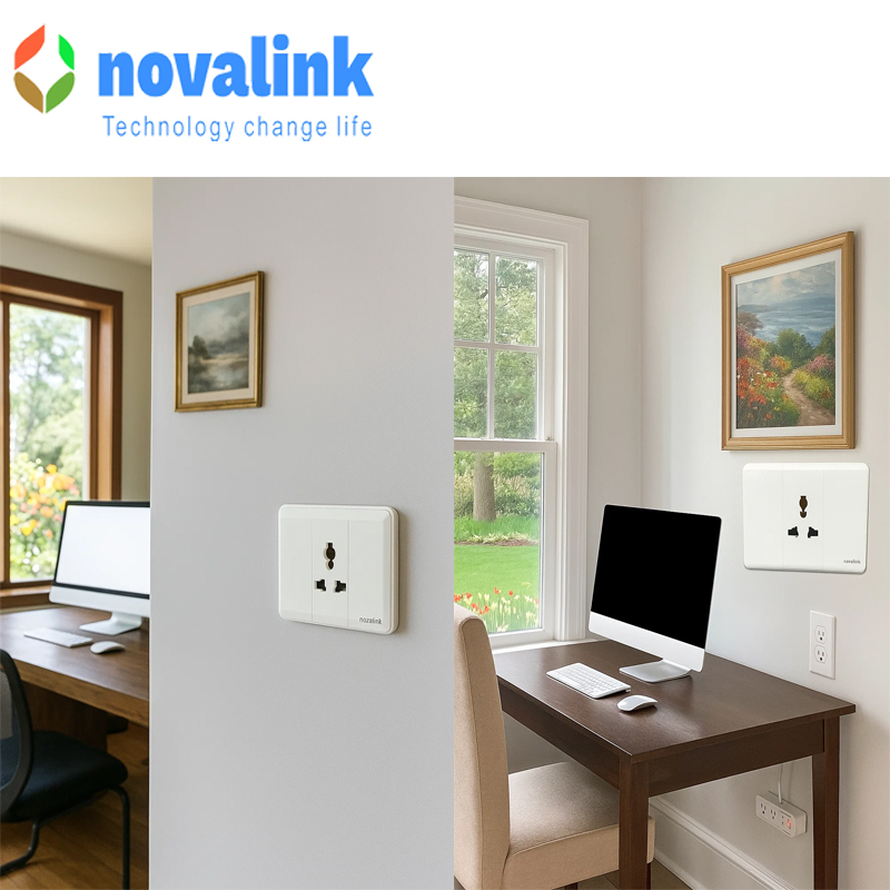 Bộ mặt ổ cắm đơn 3 chấu đa năng Novalink mã A6-08 Công xuất 15A điện áp 220V-250V hàng cao cấp