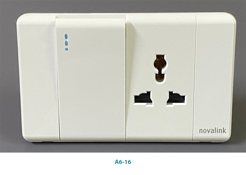 Bộ mặt  gồm  một công tắc và 1 ổ cắm đơn 3 chấu đa năng novalink mã A6-16 màu trắng cao cấp công xuất 10A-15A
