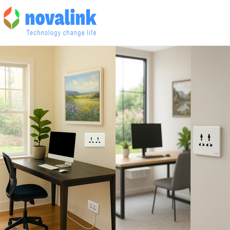 Bộ mặt hai ổ cắm 3 chấu đa năng Novalink mã A6-20 công xuất 15A , điệp áp 220V đên 250V mầu trắng sứ dòng cao cấp