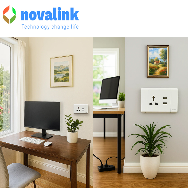 Bộ mặt ổ cắm điện đơn 3 chấu đa năng và ổ cắm sạc USB 5V-2.1A novalink mã A6-31 màu trắng cao cấp