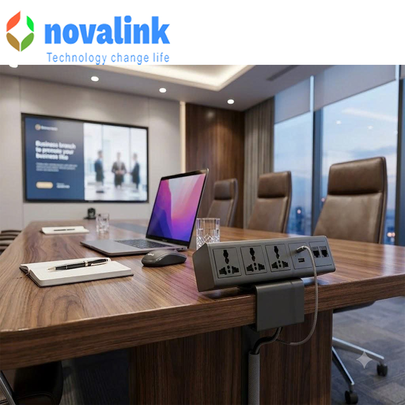 Hộp ổ điện tr&ecirc;n mặt b&agrave;n cao cấp novalink NV-DP302UC mầu đen ch&iacute;nh h&atilde;ng