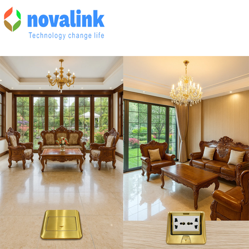 Hộp ổ điện âm sàn cao cấp Novalink NV-FS3B màu đồng với 3 ổ cắm tùy chọn