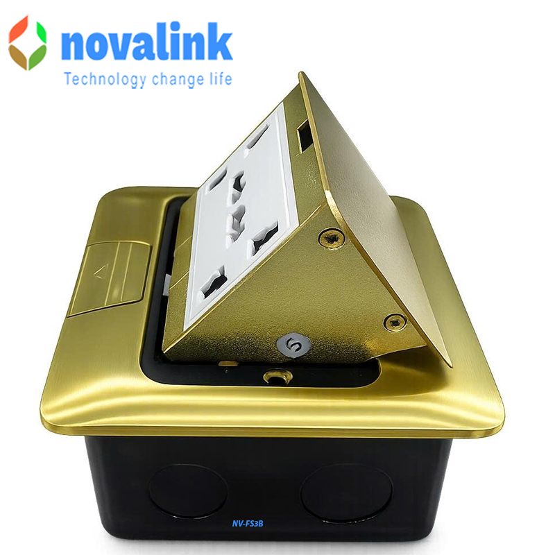 Hộp ổ điện &acirc;m s&agrave;n cao cấp Novalink NV-FS3B m&agrave;u đồng với 3 ổ cắm t&ugrave;y chọn