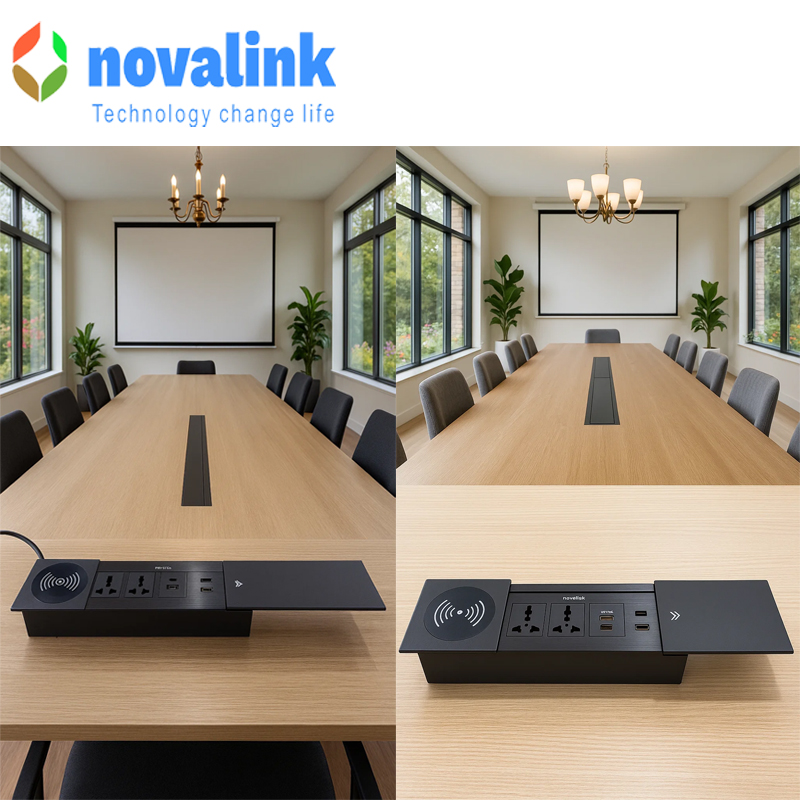 Hộp ổ cắm điện âm bàn nắp trượt novalink ST-B màu đen cao cấp