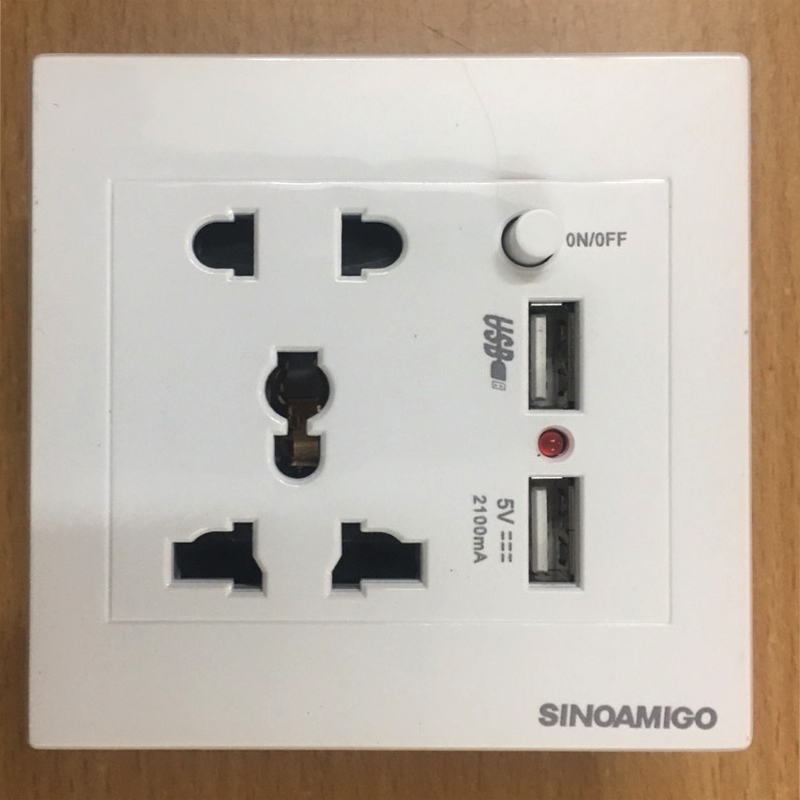Ổ cắm điện âm tường sinoamigo SW-1UAS gồm 2 ổ cắm 3 chấu đa năng + 2 sạc USB