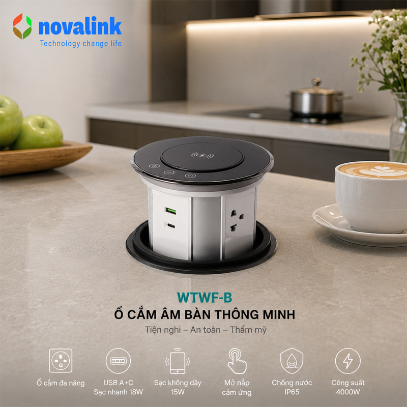 Hộp ổ điện âm bàn bếp, bàn đảo cao cấp novalink WTWF-B màu đen mở nắp cảm ứng + app