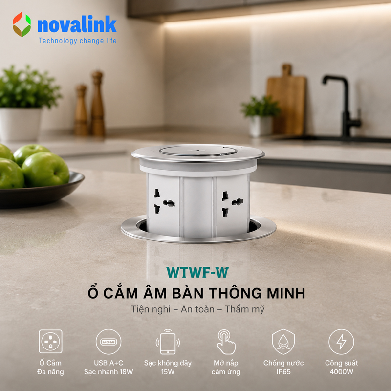 Hộp ổ điện âm bàn bếp, bàn đảo cao cấp Novalink WTWF-W mở nắp cảm ứng và app