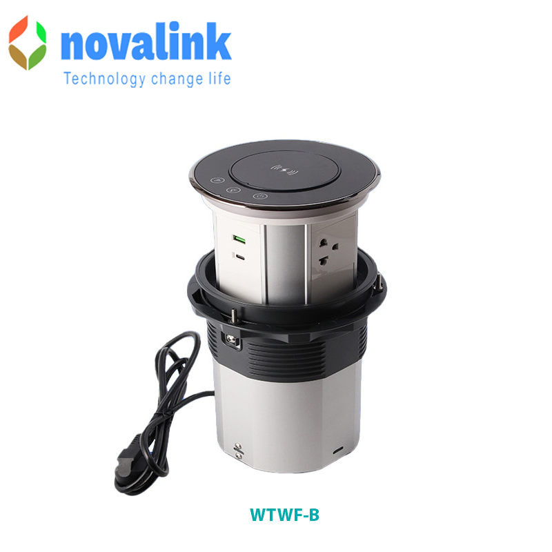 Hộp ổ điện âm bàn bếp, bàn đảo cao cấp novalink WTWF-B màu đen mở nắp cảm ứng + app