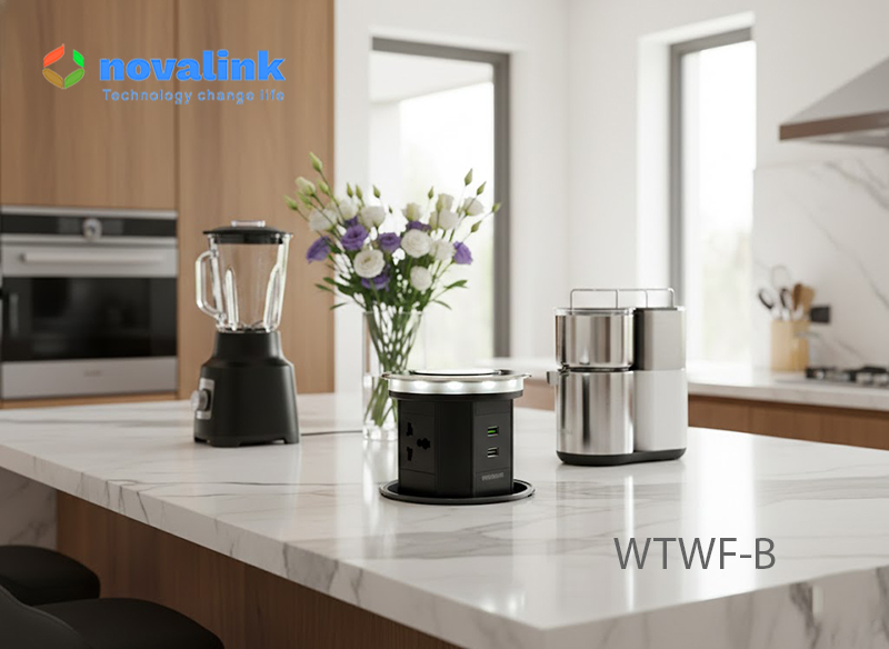 Hộp ổ điện âm bàn bếp, bàn đảo cao cấp novalink WTWF-B màu đen mở nắp cảm ứng + app