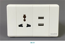 Bộ mặt ổ cắm điện đơn 3 chấu đa năng và ổ cắm sạc USB 5V-2.1A novalink mã A6-31 màu trắng cao cấp