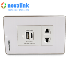 Bộ ổ cắm điện đơn 2 chấu + sạc USB A-C P21-QC1 chính hãng novalink NV-21003WS+P21-QC1
